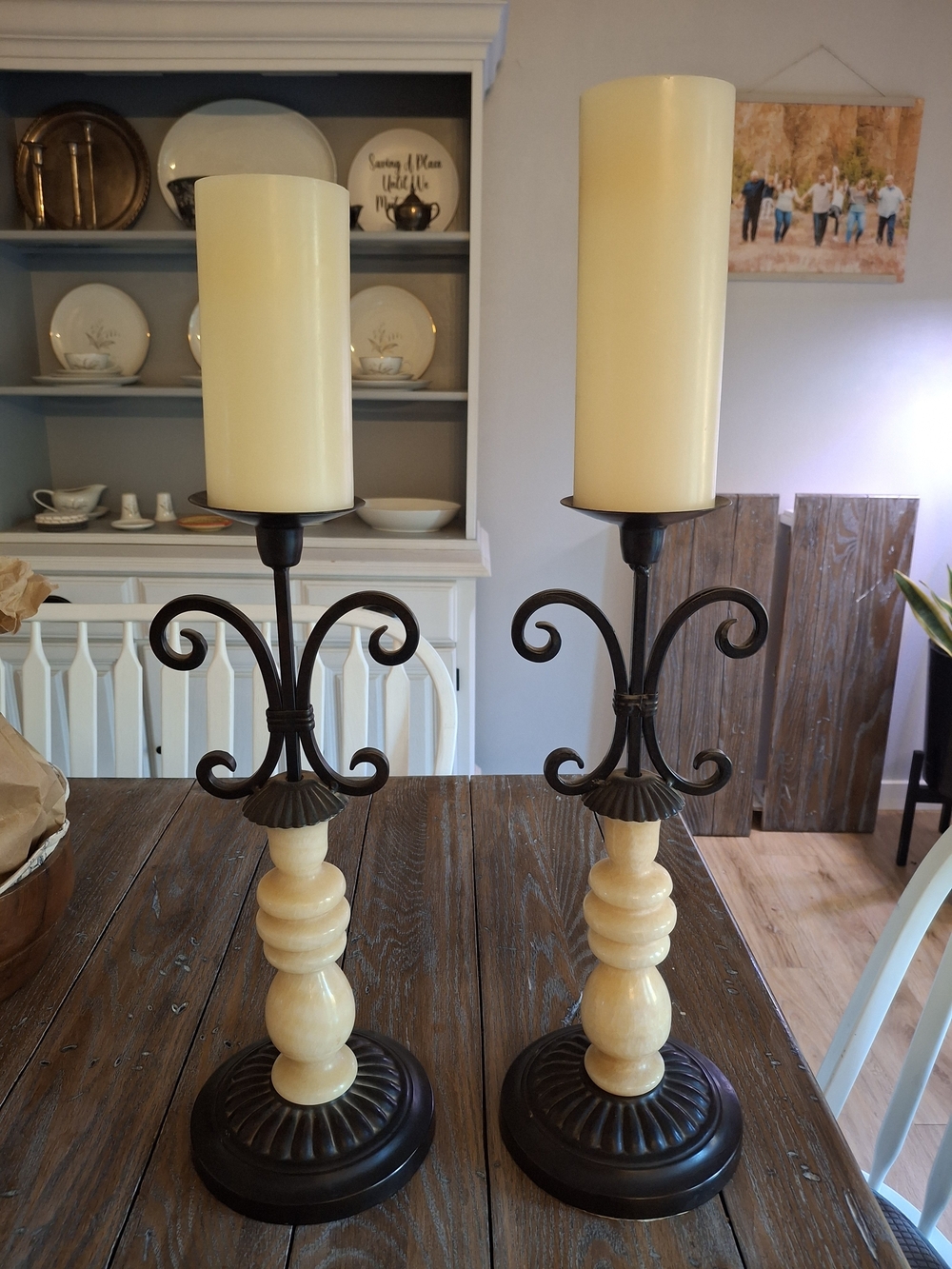 Vintage pair of Tuscan Style white onyx leaf toleware taper candlesticks